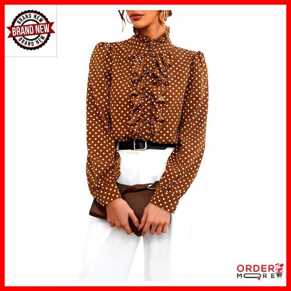 Tops - Polka Dot Satin Blouse Long Sleeve Button Up Shirt Business Casual